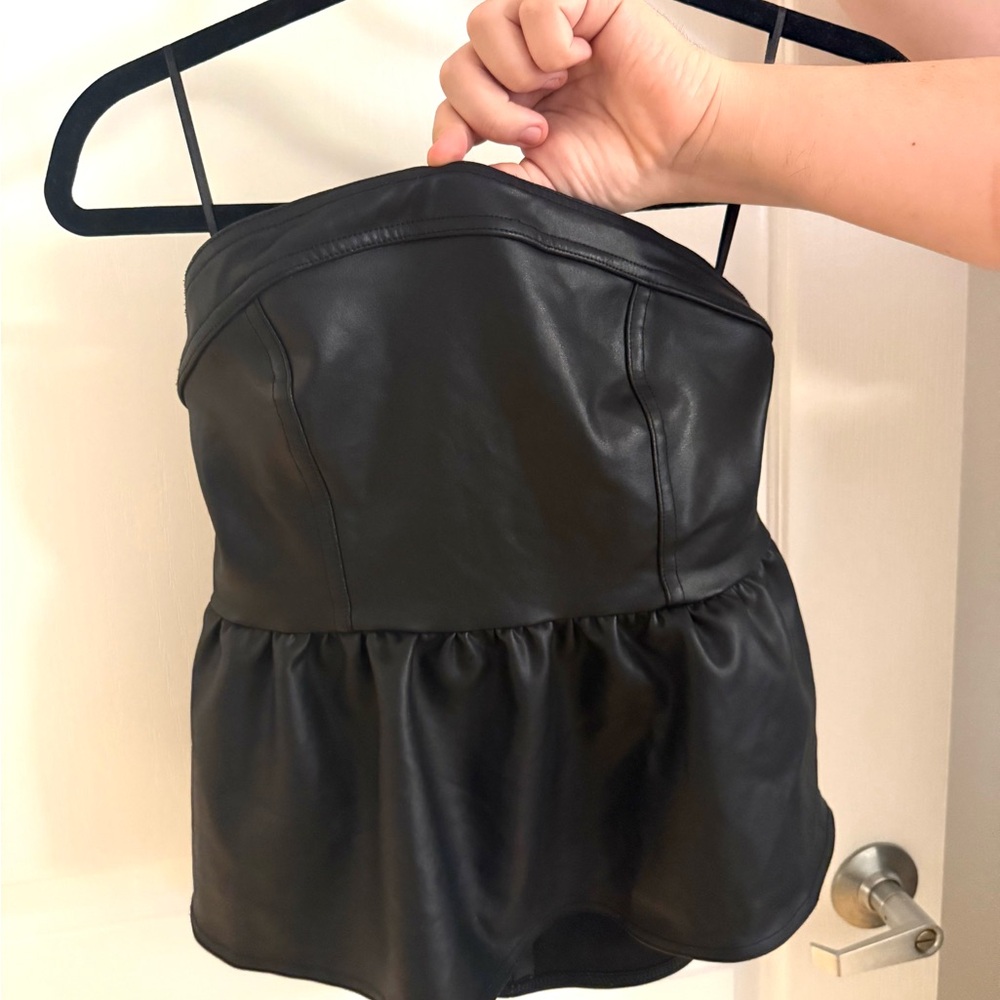 Divided Black Leather Peplum Top